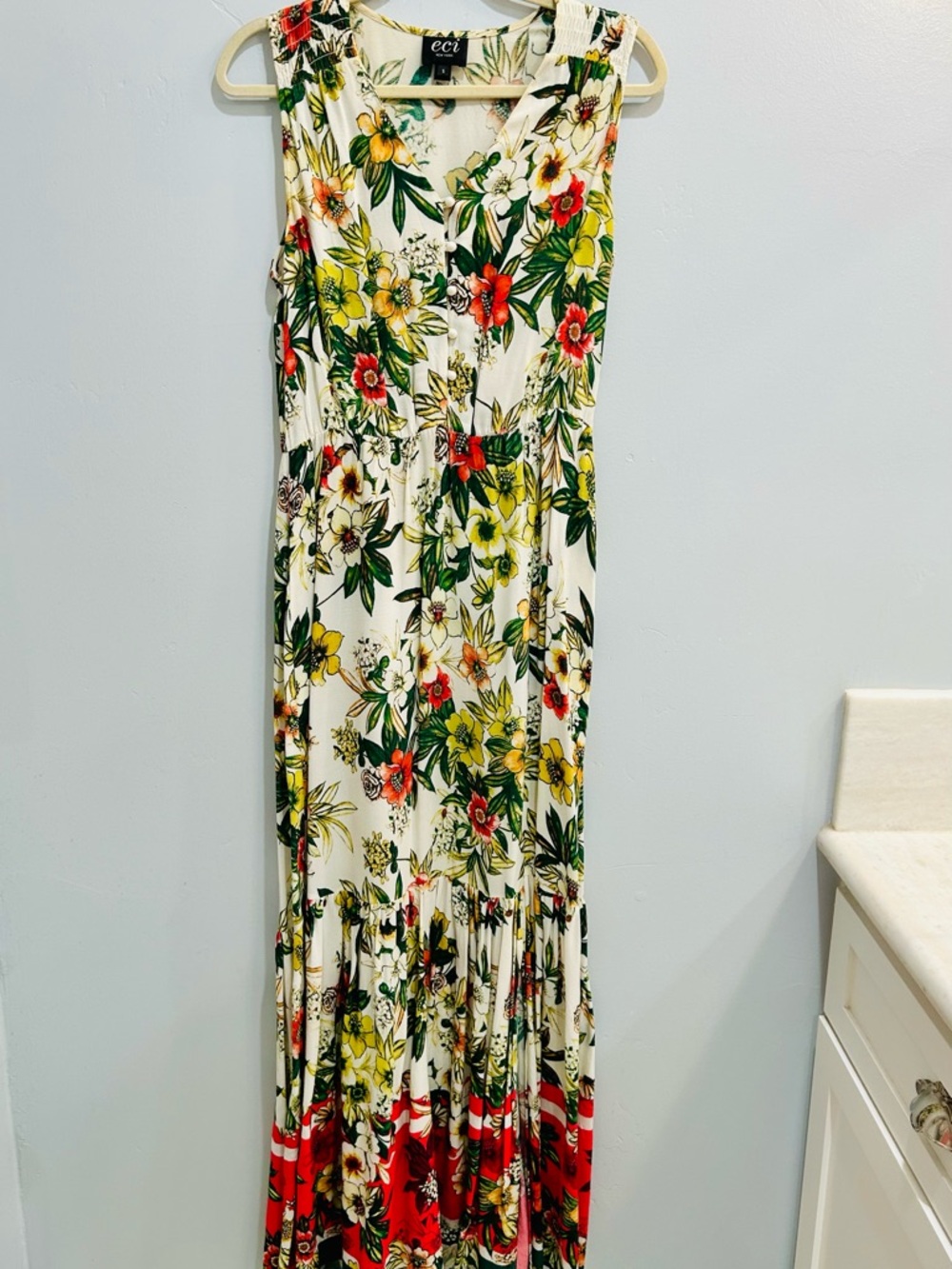 ECI New York Tropical Island Floral Sleeveless Maxi Dress Boho Ruffle Hem Size S - Picture 10 of 11